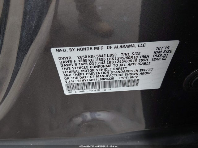 Продаж на аукціоні авто 2020 Honda Pilot Ex-l, vin: 5FNYF6H54LB024330, номер лоту: 44964715