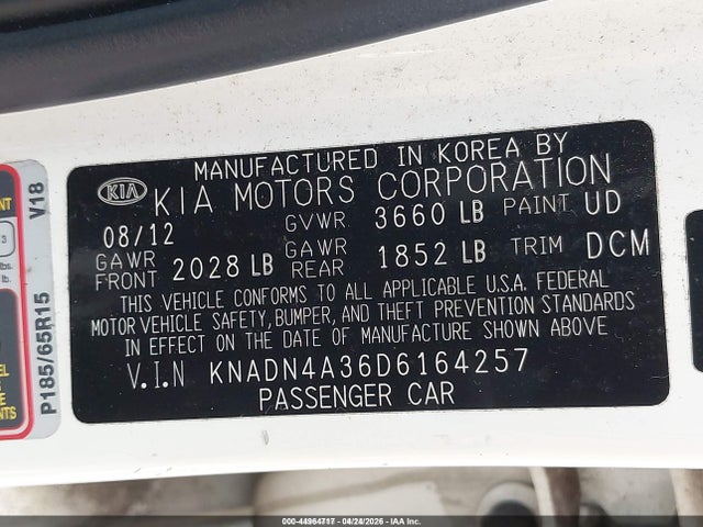 2013 Kia Rio Ex მანქანა იყიდება აუქციონზე, vin: KNADN4A36D6164257, აუქციონის ნომერი: 44964717