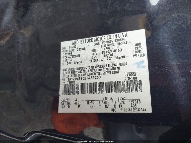 44964722 :رقم المزاد ، 1FTZR45E02TA53260 vin ، 2002 Ford Ranger Edge/xlt مزاد بيع