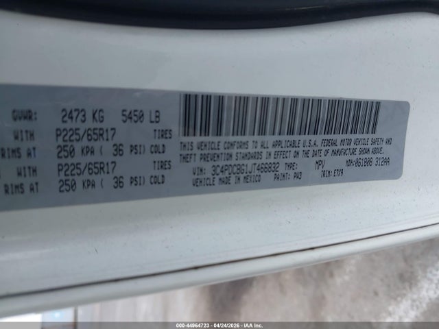 2018 Dodge Journey Sxt მანქანა იყიდება აუქციონზე, vin: 3C4PDCBG1JT466832, აუქციონის ნომერი: 44964723