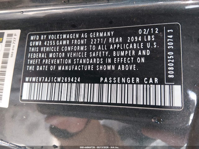 Продажа на аукционе авто 2012 Volkswagen Gti 2-door, vin: WVWEV7AJ1CW269424, номер лота: 44964726