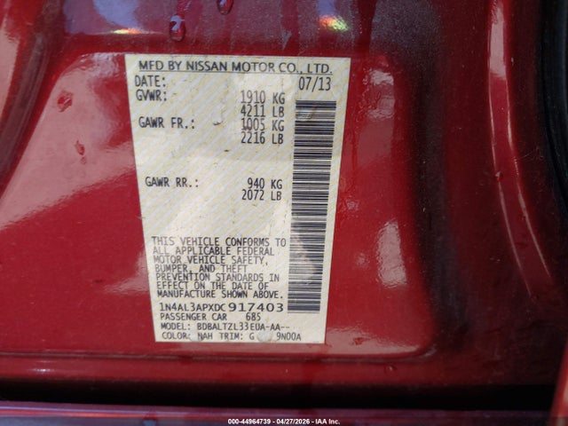 2013 Nissan Altima 2.5 Sv მანქანა იყიდება აუქციონზე, vin: 1N4AL3APXDC917403, აუქციონის ნომერი: 44964739