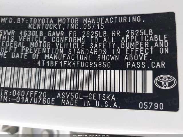 44964746 :رقم المزاد ، 4T1BF1FK4FU085850 vin ، 2015 Toyota Camry Se مزاد بيع