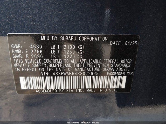 Aukcja sprzedaży 2025 Subaru Legacy, vin: 4S3BWAB64S3022938, numer aukcji: 44964749