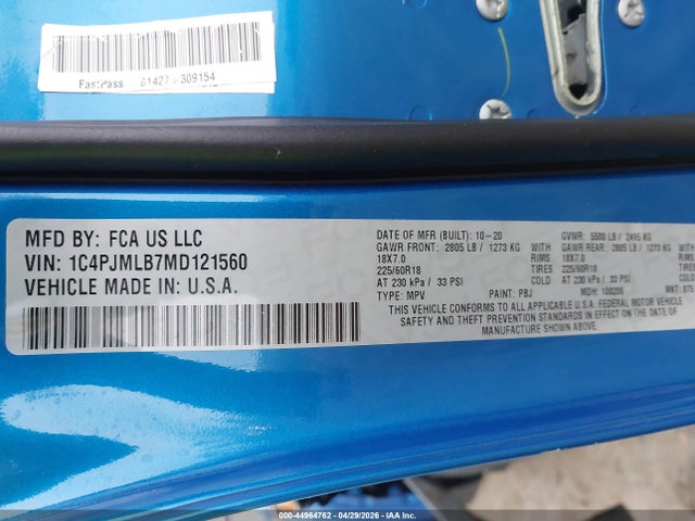 2021 Jeep Cherokee Altitude 4x4 მანქანა იყიდება აუქციონზე, vin: 1C4PJMLB7MD121560, აუქციონის ნომერი: 44964762