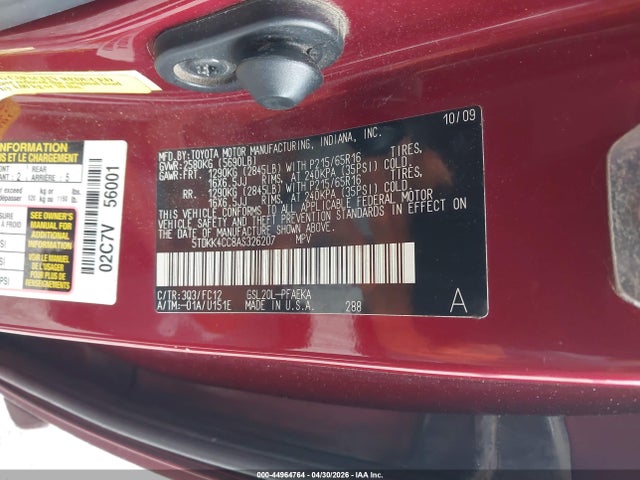 2010 Toyota Sienna Le მანქანა იყიდება აუქციონზე, vin: 5TDKK4CC8AS326207, აუქციონის ნომერი: 44964764