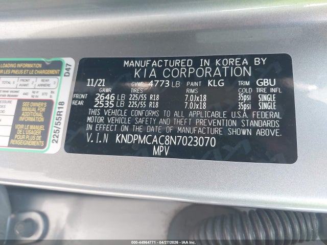 44964771 :رقم المزاد ، KNDPMCAC8N7023070 vin ، 2022 Kia Sportage Lx مزاد بيع