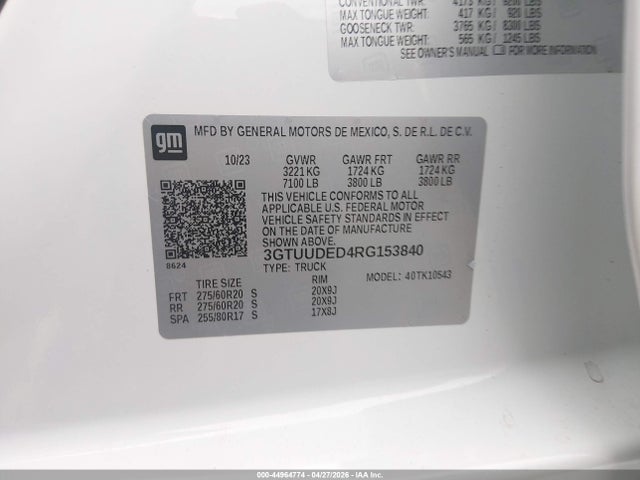 Aukcja sprzedaży 2024 Gmc Sierra 1500 4wd  Short Box Slt, vin: 3GTUUDED4RG153840, numer aukcji: 44964774
