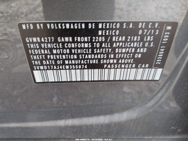 Продаж на аукціоні авто 2014 Volkswagen Jetta 1.8t Se, vin: 3VWD17AJ4EM355074, номер лоту: 44964778