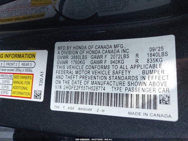Продажа на аукционе авто 2026 Honda Civic Sport, vin: 2HGFE2F55TH528774, номер лота: 44964806