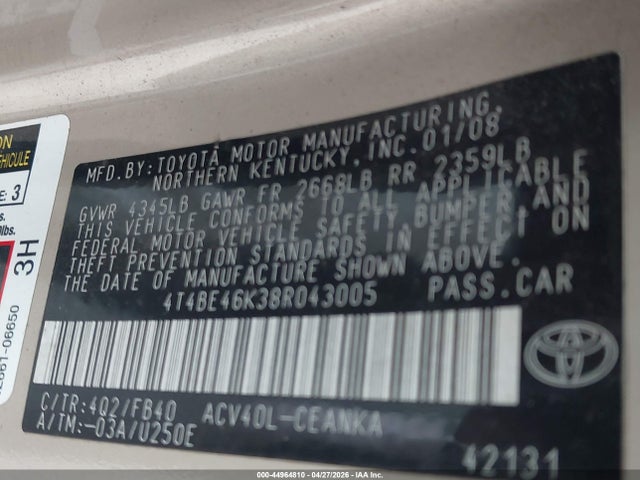 44964810 :رقم المزاد ، 4T4BE46K38R043005 vin ، 2008 Toyota Camry Le مزاد بيع