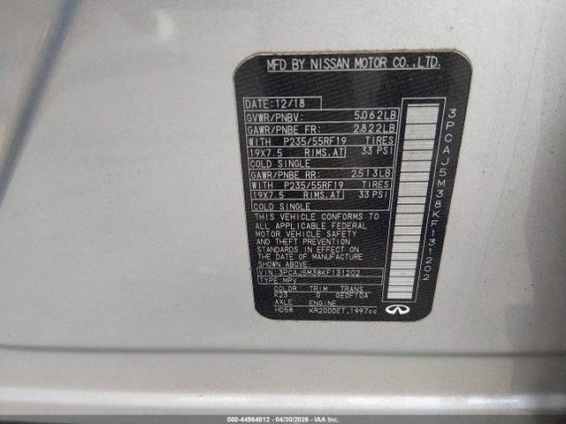 Продажа на аукционе авто 2019 Infiniti Qx50 Luxe, vin: 3PCAJ5M38KF131202, номер лота: 44964812