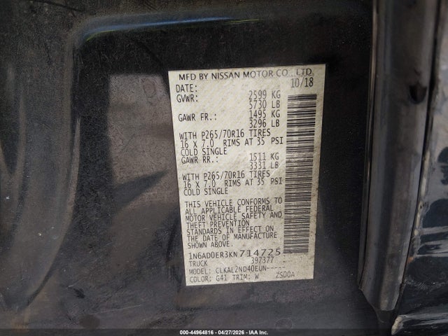 Продаж на аукціоні авто 2019 Nissan Frontier Sv, vin: 1N6AD0ER3KN714725, номер лоту: 44964816