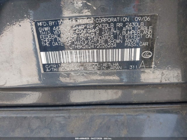 Продажа на аукционе авто 2007 Lexus Is 250, vin: JTHBK262472026234, номер лота: 44964825