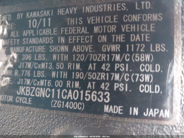 Продажа на аукционе авто 2012 Kawasaki Zg1400 C, vin: JKBZGNC11CA015633, номер лота: 44964834