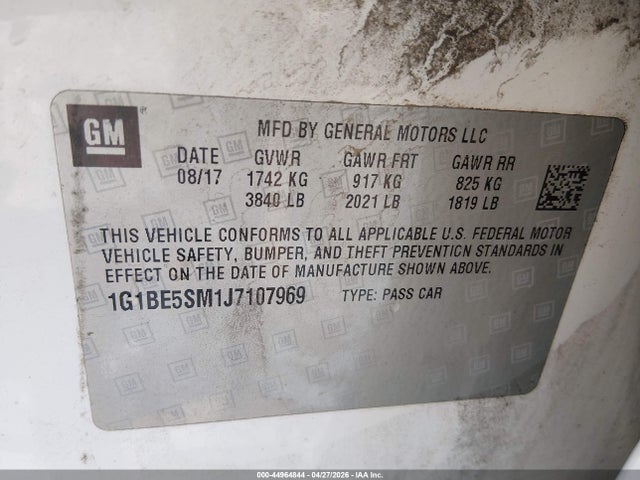 44964844 :رقم المزاد ، 1G1BE5SM1J7107969 vin ، 2018 Chevrolet Cruze Lt Auto مزاد بيع
