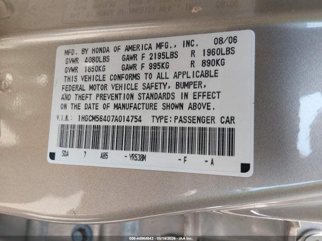 44964843 :رقم المزاد ، 1HGCM56407A014754 vin ، 2007 Honda Accord 2.4 Lx مزاد بيع