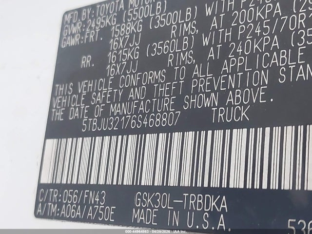 2006 Toyota Tundra მანქანა იყიდება აუქციონზე, vin: 5TBJU32176S468807, აუქციონის ნომერი: 44964863