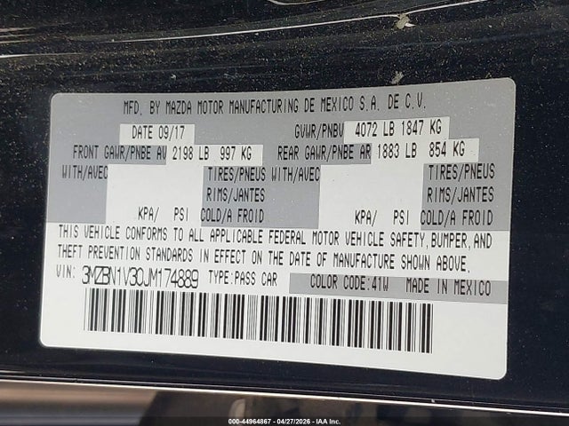 44964867 :رقم المزاد ، 3MZBN1V30JM174889 vin ، 2018 Mazda Mazda3 Touring مزاد بيع