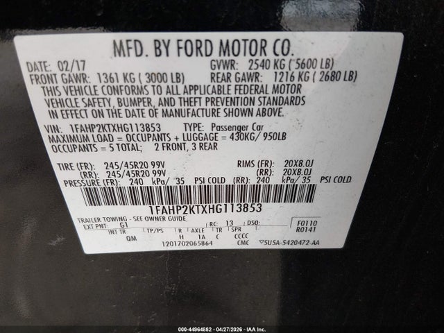 2017 Ford Taurus Sho მანქანა იყიდება აუქციონზე, vin: 1FAHP2KTXHG113853, აუქციონის ნომერი: 44964882