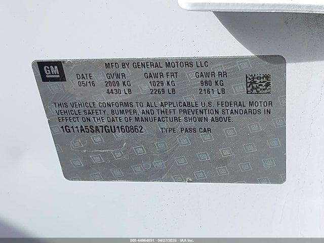 Aukcja sprzedaży 2016 Chevrolet Malibu Limited 1fl, vin: 1G11A5SA7GU160862, numer aukcji: 44964891