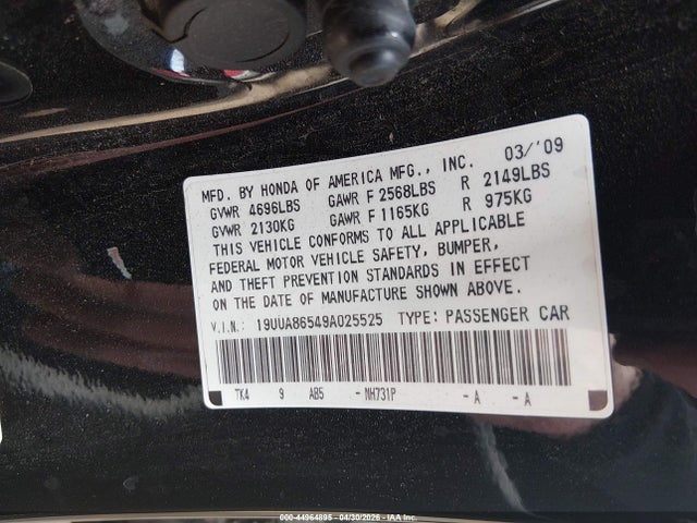 2009 Acura Tl 3.5 მანქანა იყიდება აუქციონზე, vin: 19UUA86549A025525, აუქციონის ნომერი: 44964895