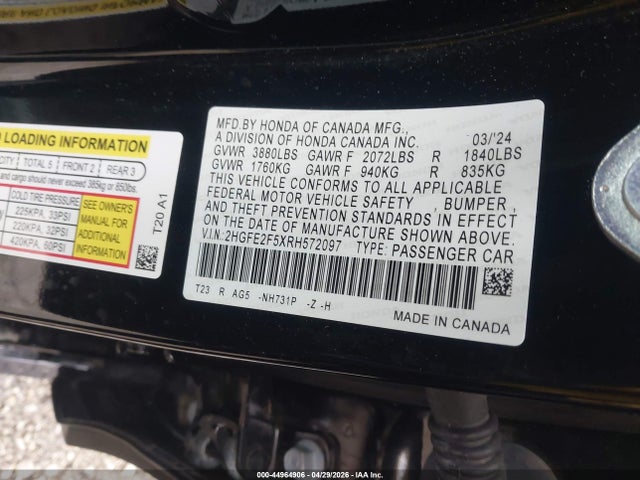44964906 :رقم المزاد ، 2HGFE2F5XRH572097 vin ، 2024 Honda Civic Sport مزاد بيع