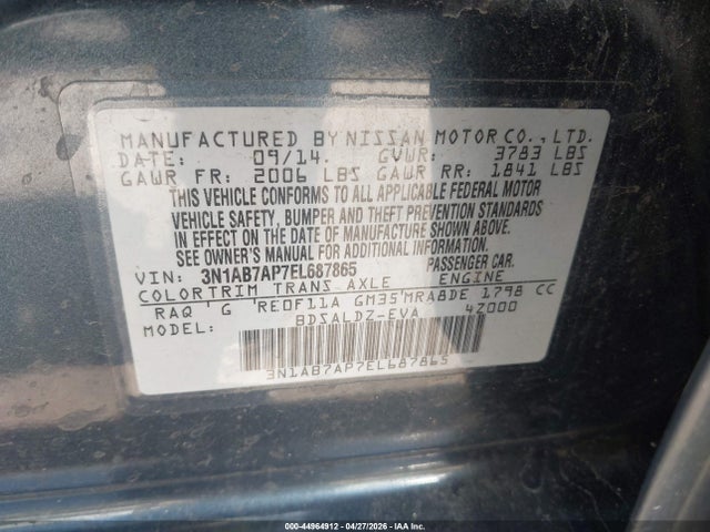 44964912 :رقم المزاد ، 3N1AB7AP7EL687865 vin ، 2014 Nissan Sentra Sv مزاد بيع