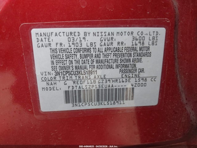 Aukcja sprzedaży 2019 Nissan Kicks Sv, vin: 3N1CP5CU3KL518911, numer aukcji: 44964925