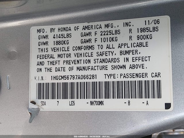 2007 Honda Accord 2.4 Ex მანქანა იყიდება აუქციონზე, vin: 1HGCM56797A066281, აუქციონის ნომერი: 44964926