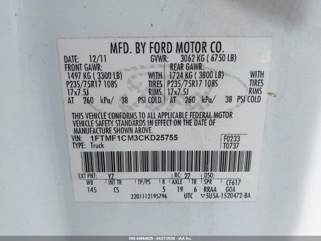 44964929 :رقم المزاد ، 1FTMF1CM3CKD25755 vin ، 2012 Ford F-150 Xl مزاد بيع