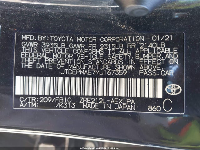 Toyota COROLLA LE 2021 JTDEPMAE7MJ167359 Image 9