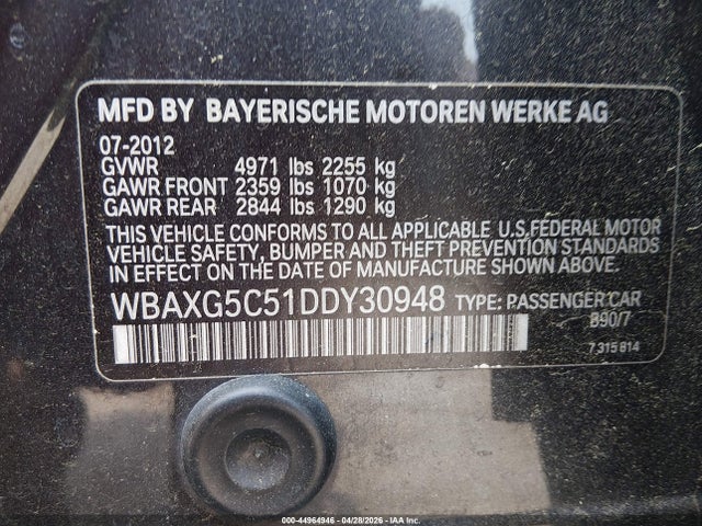 2013 Bmw 528i მანქანა იყიდება აუქციონზე, vin: WBAXG5C51DDY30948, აუქციონის ნომერი: 44964946