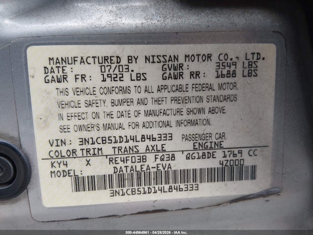 44964961 :رقم المزاد ، 3N1CB51D14L846333 vin ، 2004 Nissan Sentra 1.8s مزاد بيع