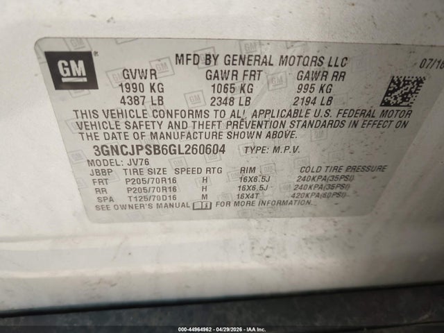 44964962 :رقم المزاد ، 3GNCJPSB6GL260604 vin ، 2016 Chevrolet Trax Lt مزاد بيع