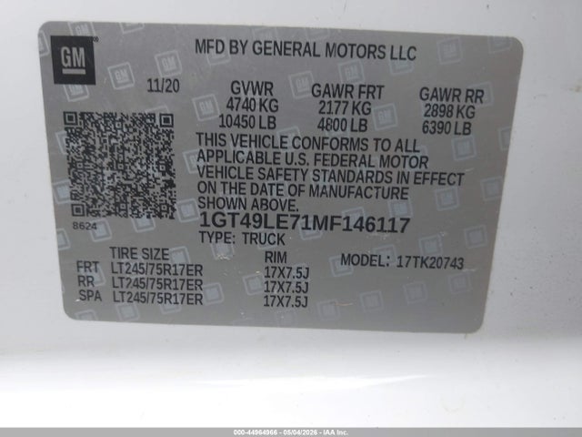 Продаж на аукціоні авто 2021 Gmc Sierra 2500hd 4wd  Standard Bed, vin: 1GT49LE71MF146117, номер лоту: 44964966