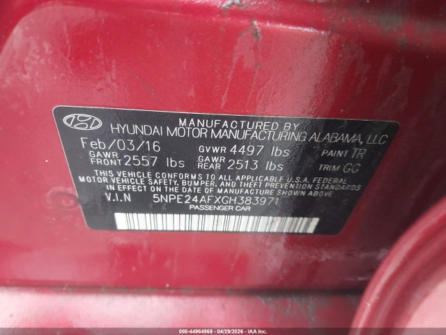 Aukcja sprzedaży 2016 Hyundai Sonata Se, vin: 5NPE24AFXGH383971, numer aukcji: 44964969