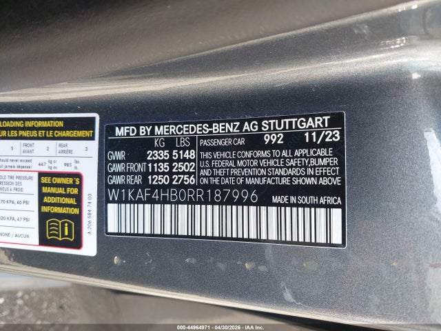 Aukcja sprzedaży 2024 Mercedes-benz C 300, vin: W1KAF4HB0RR187996, numer aukcji: 44964971