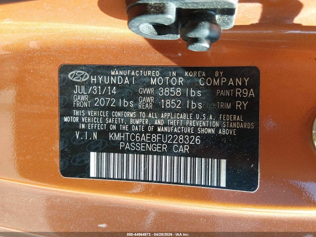 2015 Hyundai Veloster Turbo მანქანა იყიდება აუქციონზე, vin: KMHTC6AE8FU228326, აუქციონის ნომერი: 44964973