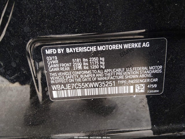 BMW 540i Xdrive 2019 WBAJE7C55KWW35251 Image 9