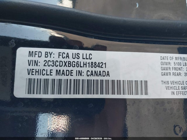2C3CDXBG6LH188421 Dodge Charger Sxt Rwd