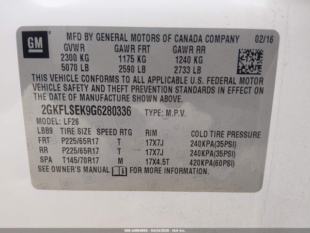Aukcja sprzedaży 2016 Gmc Terrain Sle-1, vin: 2GKFLSEK9G6280336, numer aukcji: 44964988