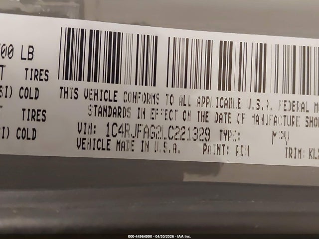Продаж на аукціоні авто 2020 Jeep Grand Cherokee Altitude 4x4, vin: 1C4RJFAG2LC221329, номер лоту: 44964990