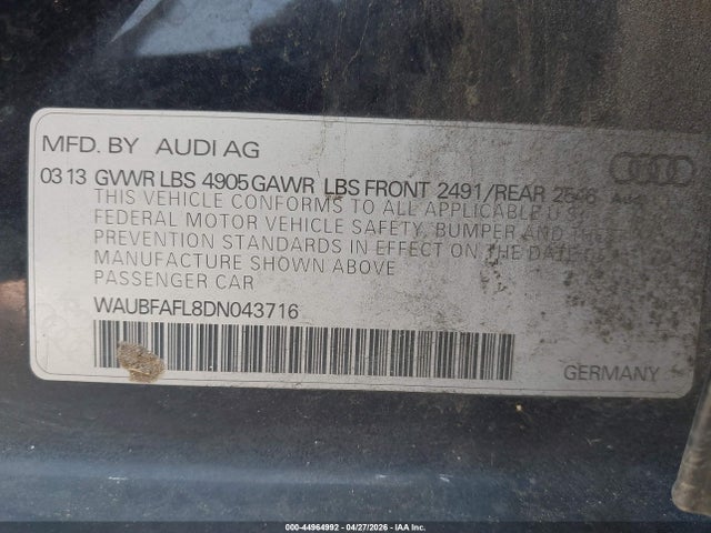 Продаж на аукціоні авто 2013 Audi A4 2.0t Premium, vin: WAUBFAFL8DN043716, номер лоту: 44964992