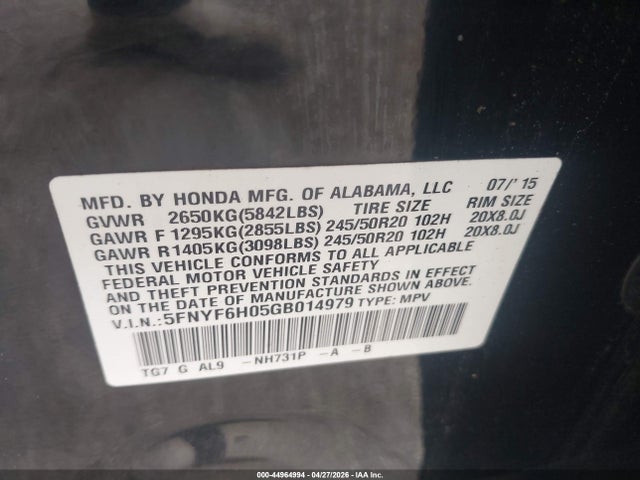 44964994 :رقم المزاد ، 5FNYF6H05GB014979 vin ، 2016 Honda Pilot Elite مزاد بيع