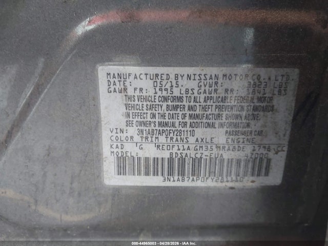 Auction sale of the 2015 Nissan Sentra S, vin: 3N1AB7AP0FY281110, lot number: 44965003