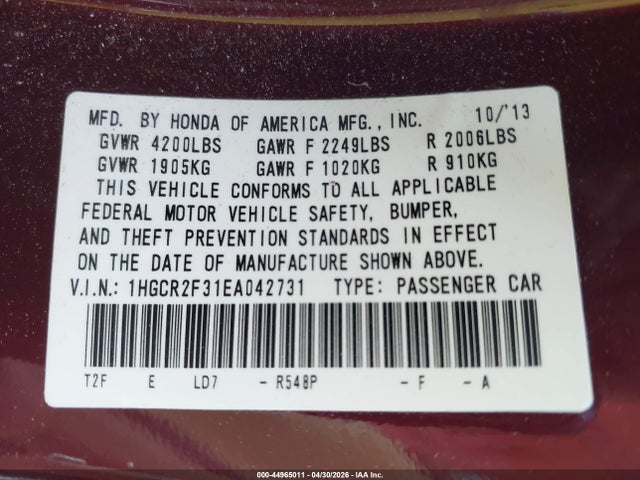 2014 Honda Accord Lx მანქანა იყიდება აუქციონზე, vin: 1HGCR2F31EA042731, აუქციონის ნომერი: 44965011