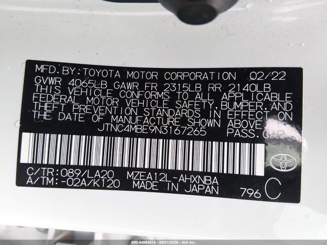 44965014 :رقم المزاد ، JTNC4MBE9N3167265 vin ، 2022 Toyota Corolla Xse مزاد بيع