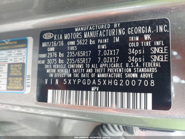 Aukcja sprzedaży 2017 Kia Sorento 3.3l Lx, vin: 5XYPGDA5XHG200708, numer aukcji: 44965015