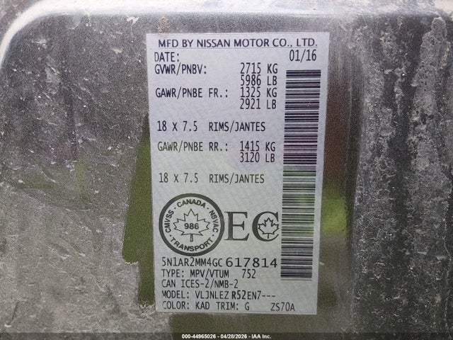 5N1AR2MM4GC617814 Nissan Pathfinder Platinum/s/sl/sv